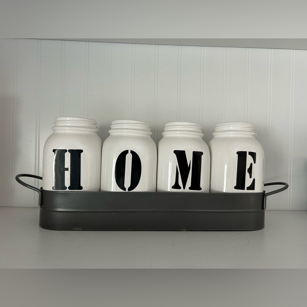 White HOME Jars with Black Letters farm house